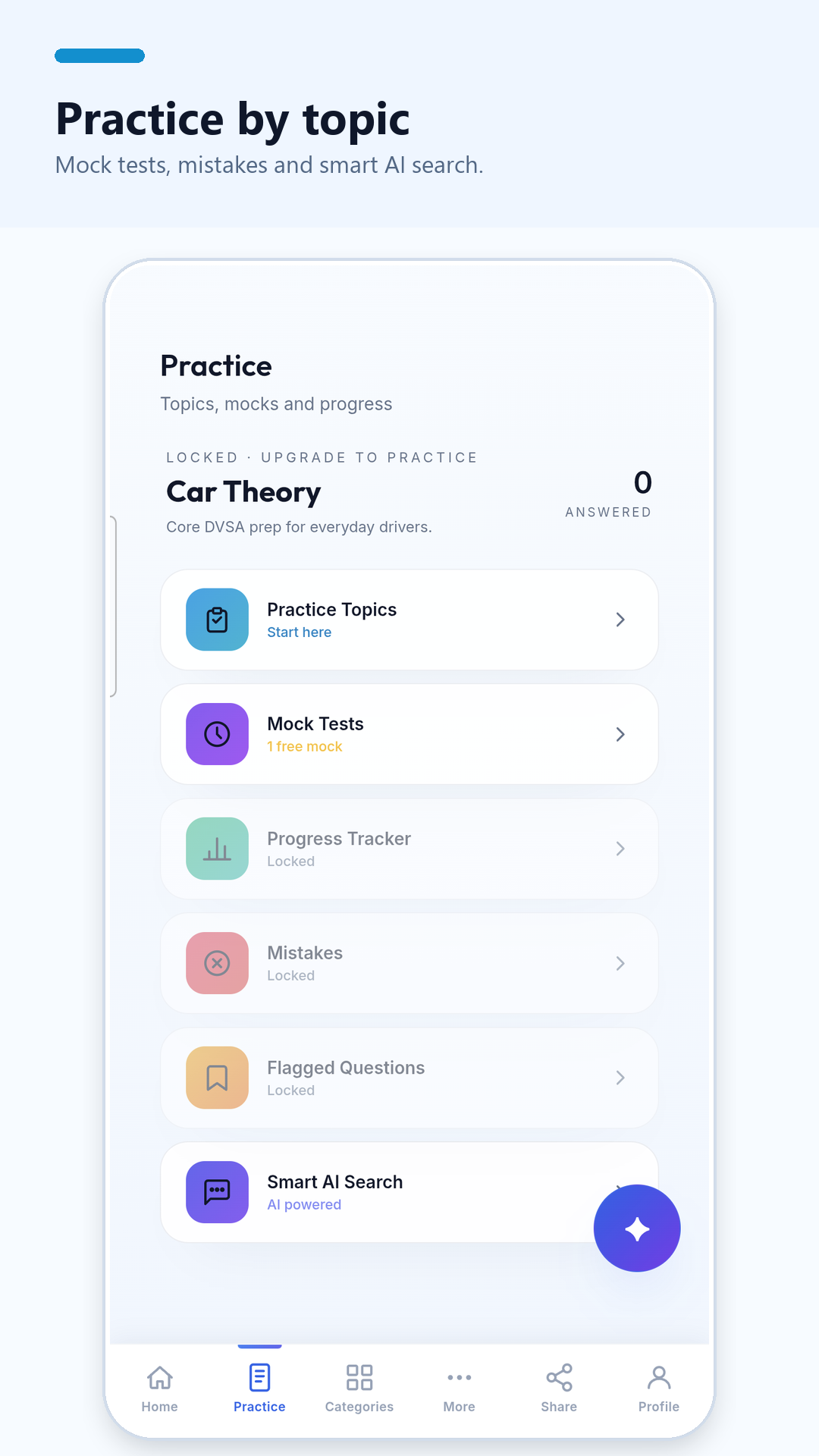 Mindful Theory Driving Android practice topics screenshot
